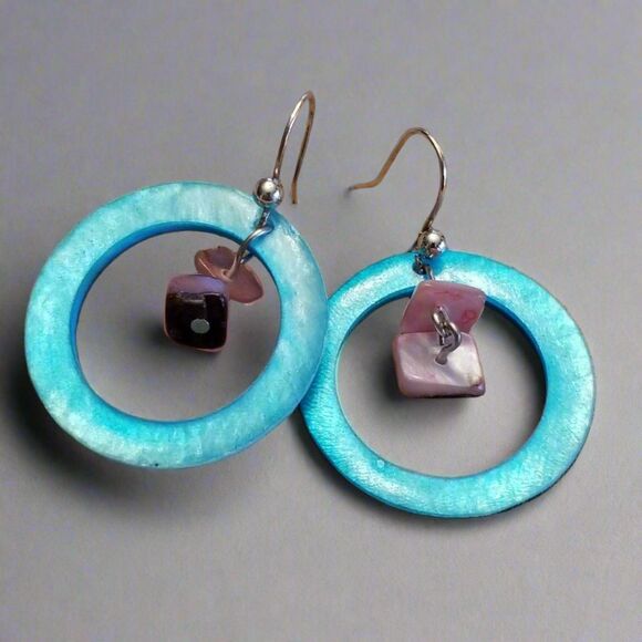 Blue Shell Hoop Earrings with Pink Shell Dangles – Boho Dangle Jewelry - Picture 1 of 2